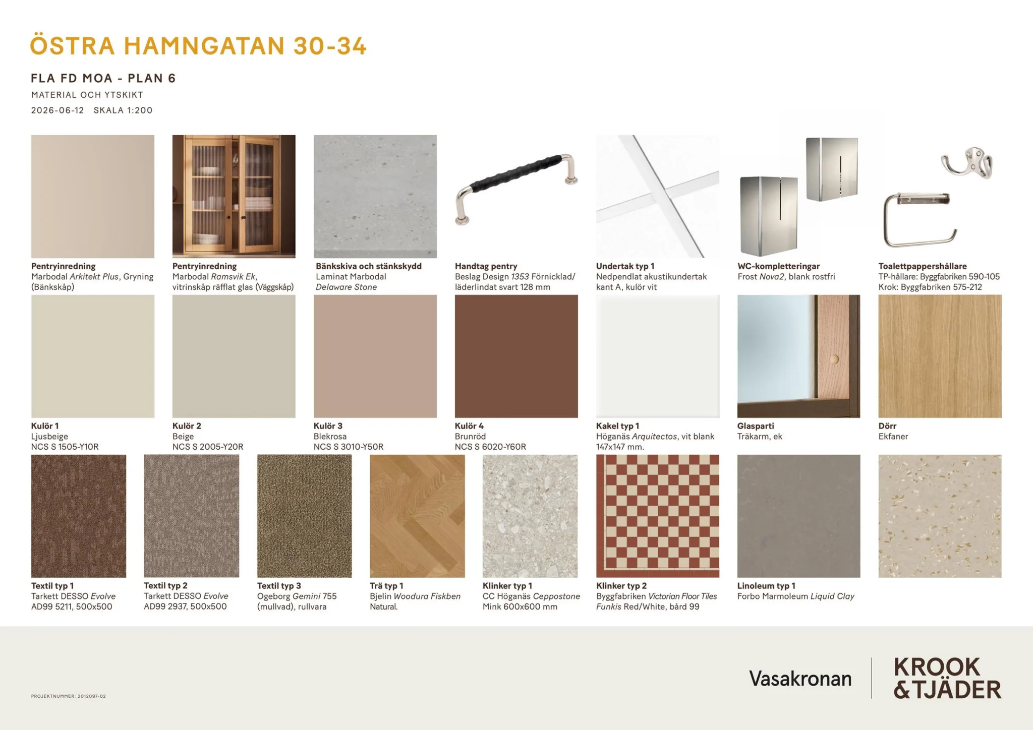 En materialöversikt med olika färger, texturer och produkter, inklusive texten "Kampanegatan 30-34" längst upp.