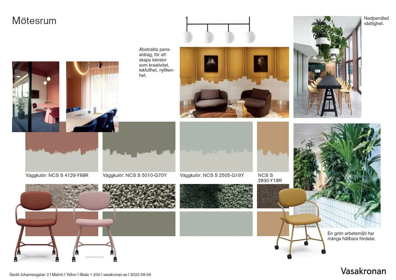 En moodboard med bilder på interiörer, färgpaletter och möbler i jordnära toner.