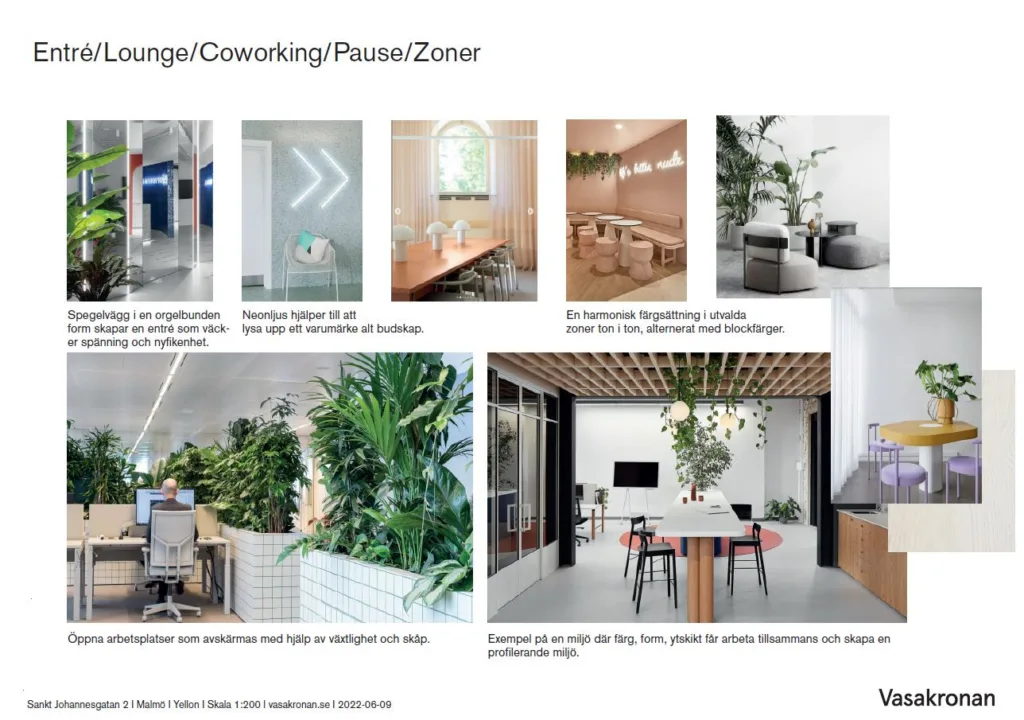 4. Bilder av coworking-ytor med växtinredningar, ljusa trädetaljer och modern möblering, samt skyltar och olika typer av arbetsstationer.