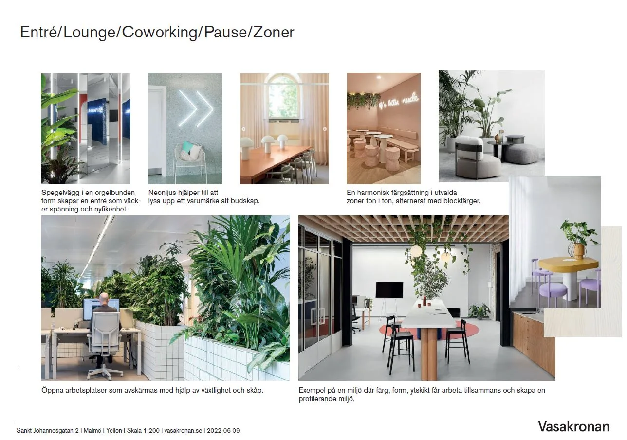4. Bilder av coworking-ytor med växtinredningar, ljusa trädetaljer och modern möblering, samt skyltar och olika typer av arbetsstationer.