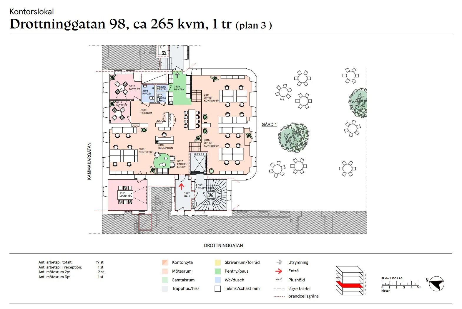 Planritning för kontorslokal på ca 265 kvm med möblerade arbetsytor, konferensrum och markerad entré.