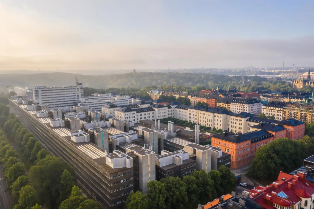 En vy över en stad med moderna byggnader, grönska och en dimmig horisont.