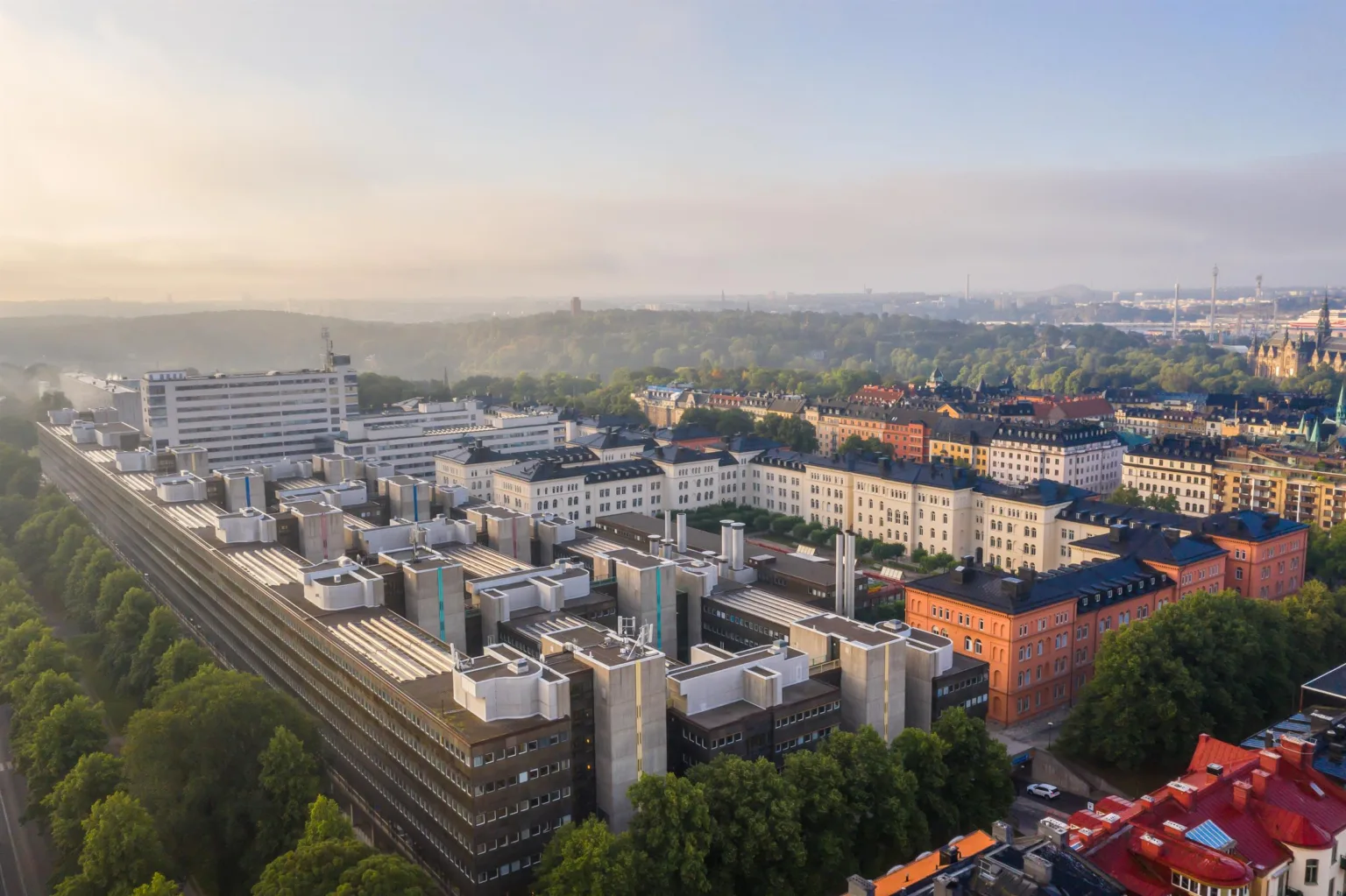 En vy över en stad med moderna byggnader, grönska och en dimmig horisont.