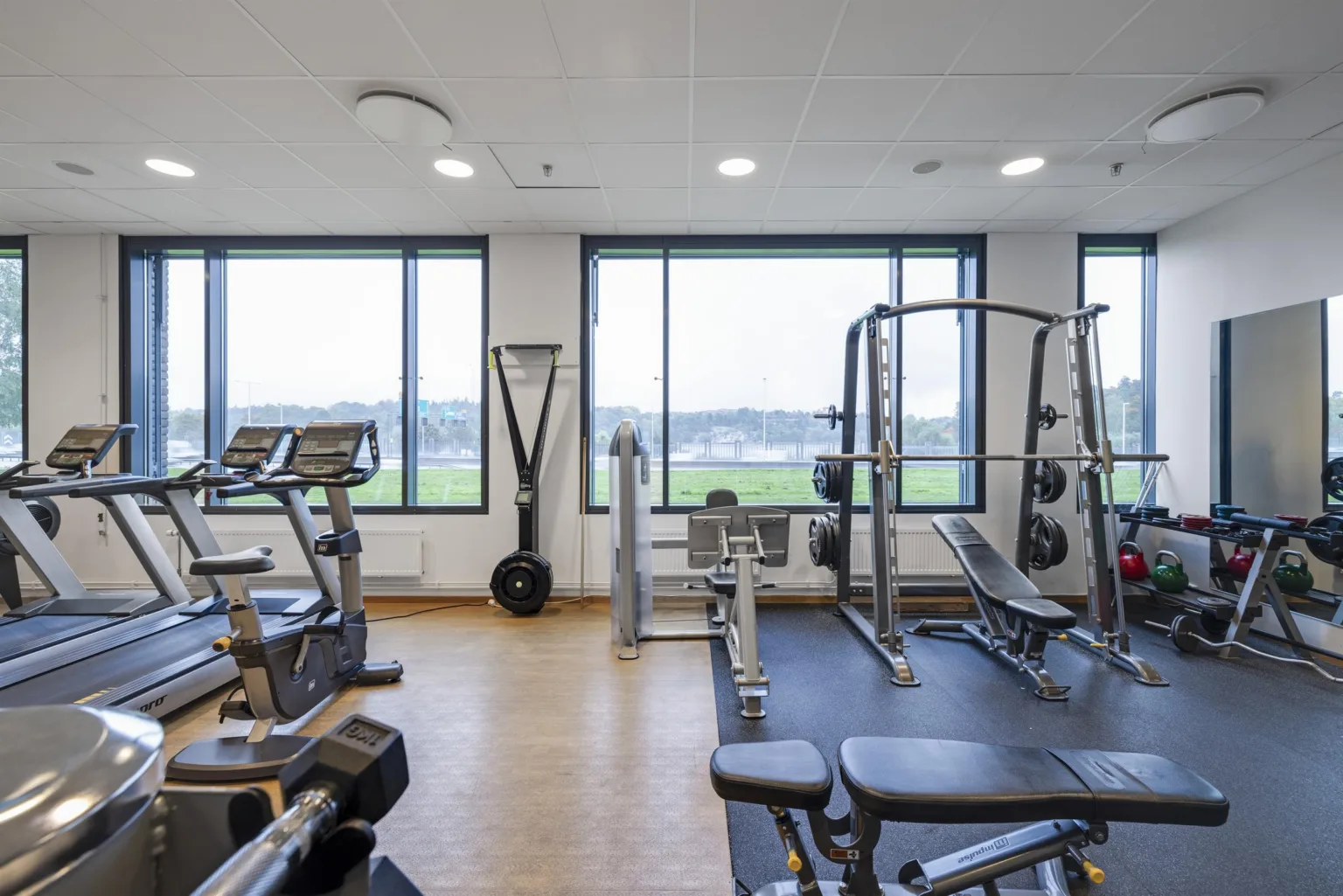 Ett gym med träningsmaskiner, vikter och stora fönster som vetter mot ett grönområde.