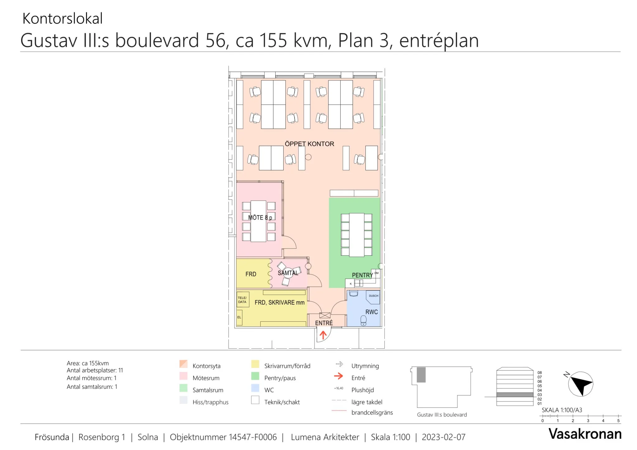 En ritning som visar planlösningen för en lokal på ca 155 kvm, med färgkodade områden och beskrivande text.