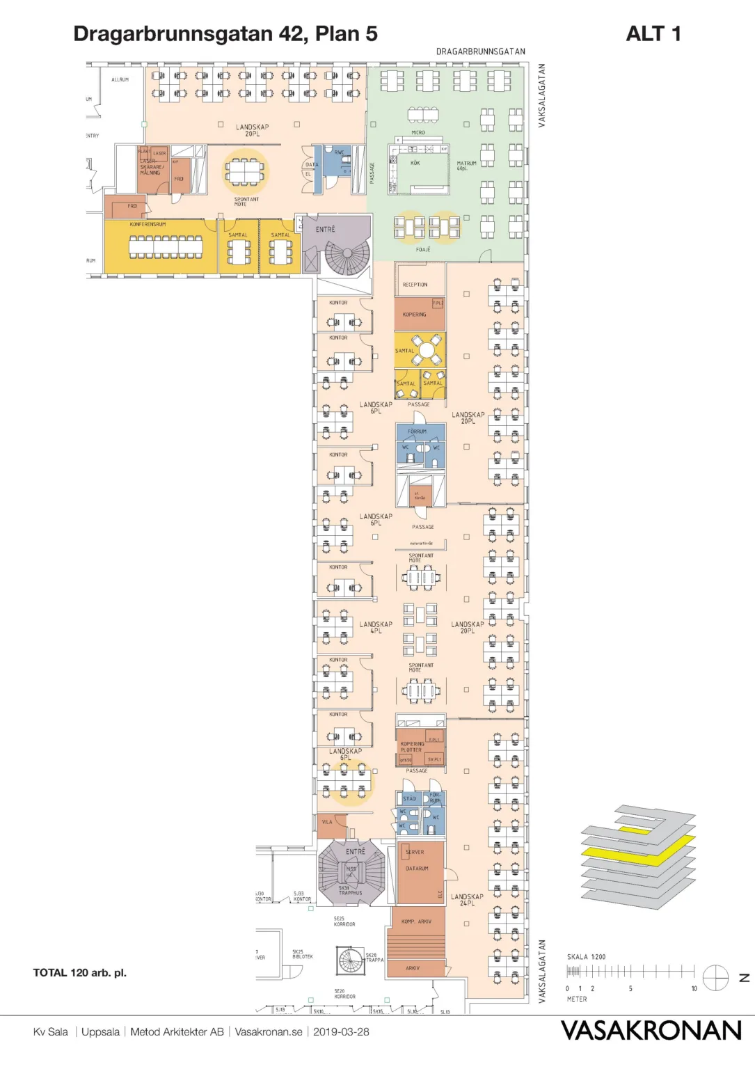 2. En detaljerad planritning över en byggnad med olika rum och färgkodade områden.