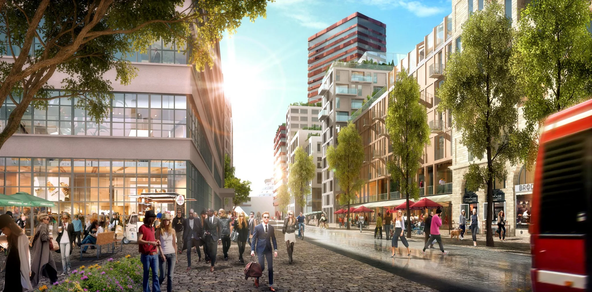 2. En livlig stadsgata med människor som promenerar och moderna byggnader omgivna av träd.
