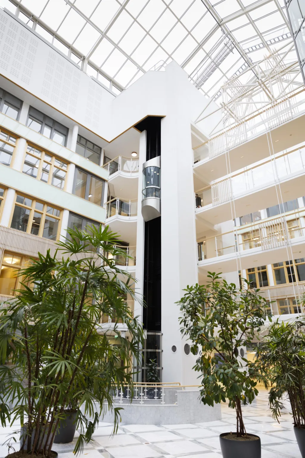 En ljus och luftig inomhusgård med glasväggar, grönska och en hiss i centrum.