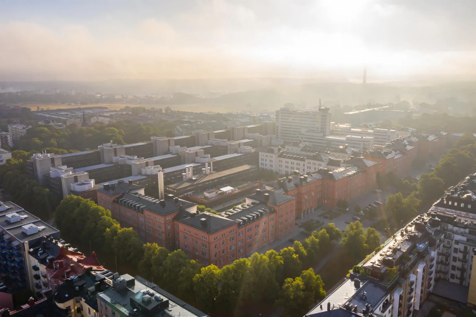 En vy från ovan av ett stadsområde med röda byggnader, grönska och dimma i bakgrunden.