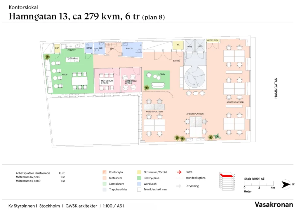 Planlösning för våning 6, ca 279 kvm, med färgkodade områden och text som visar funktioner såsom mötesrum, arbetsplatser och kök.