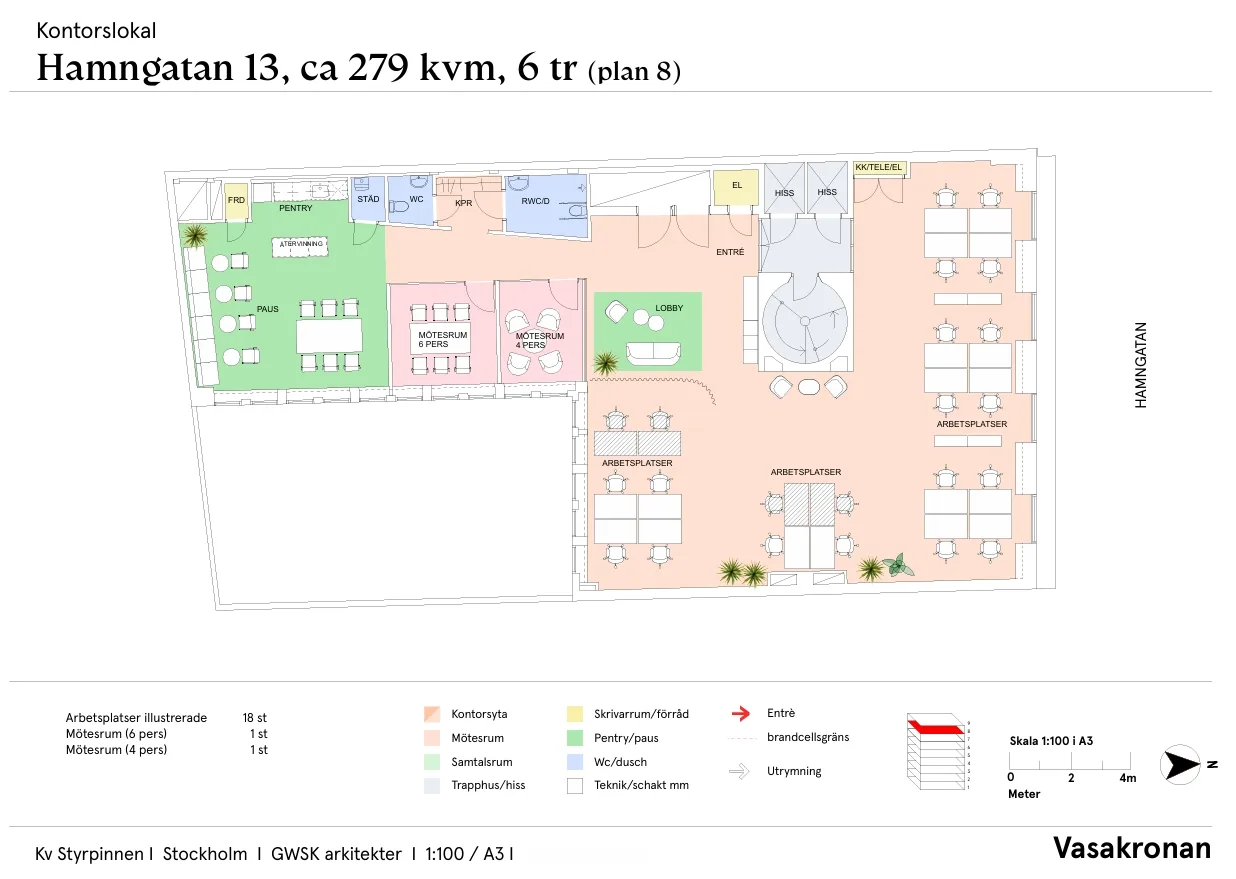 Planlösning för våning 6, ca 279 kvm, med färgkodade områden och text som visar funktioner såsom mötesrum, arbetsplatser och kök.