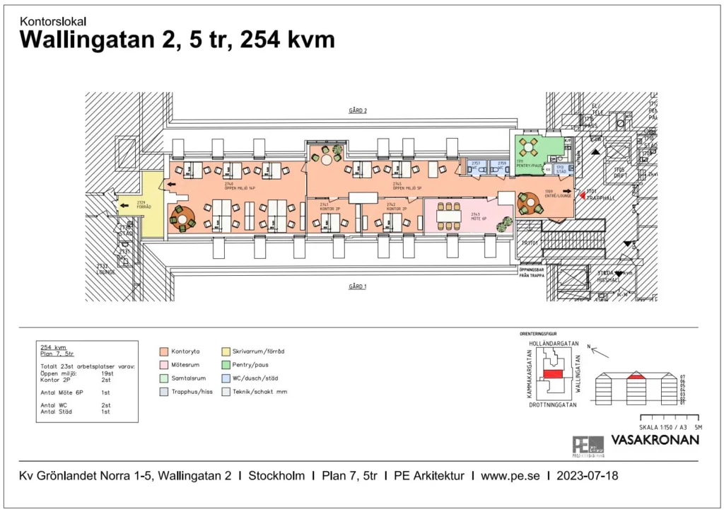 Planritning för kontorslokal på adressen Vasagatan 2, femte våningen, 254 kvadratmeter, med färgkodade områden och en legend.