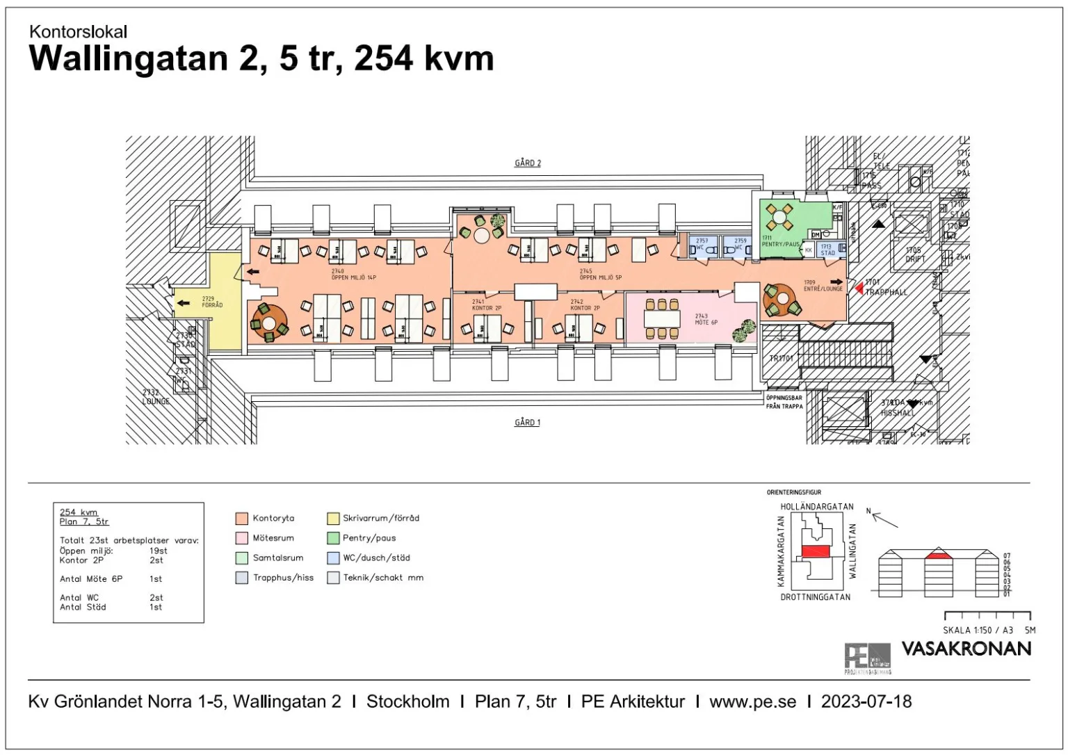 Planritning för kontorslokal på adressen Vasagatan 2, femte våningen, 254 kvadratmeter, med färgkodade områden och en legend.