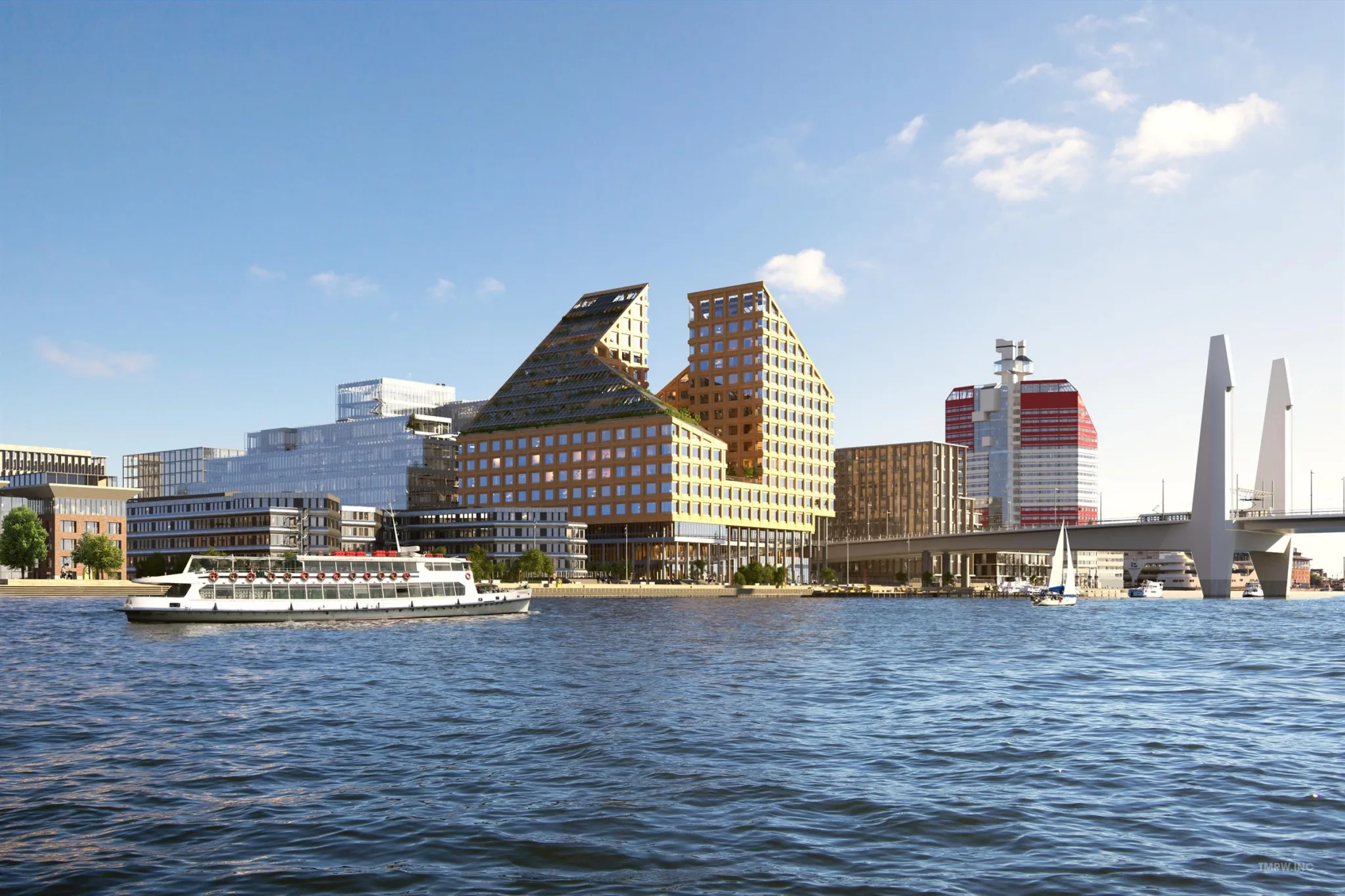 En stadsvy med moderna byggnader vid vattnet, en båt och en segelbåt synliga på vattnet.