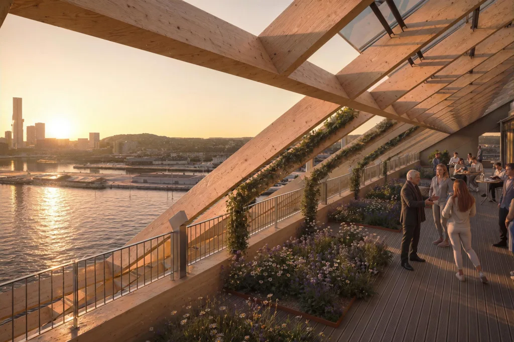 Person står på en träbeklädd terrass med växter, utsikt över vatten och stadssiluett i solnedgång.