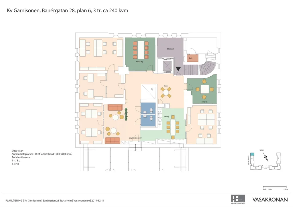 Färgkodad planritning för ett kontor på "Sandelsgatan 28, plan 6, 710 kvm".