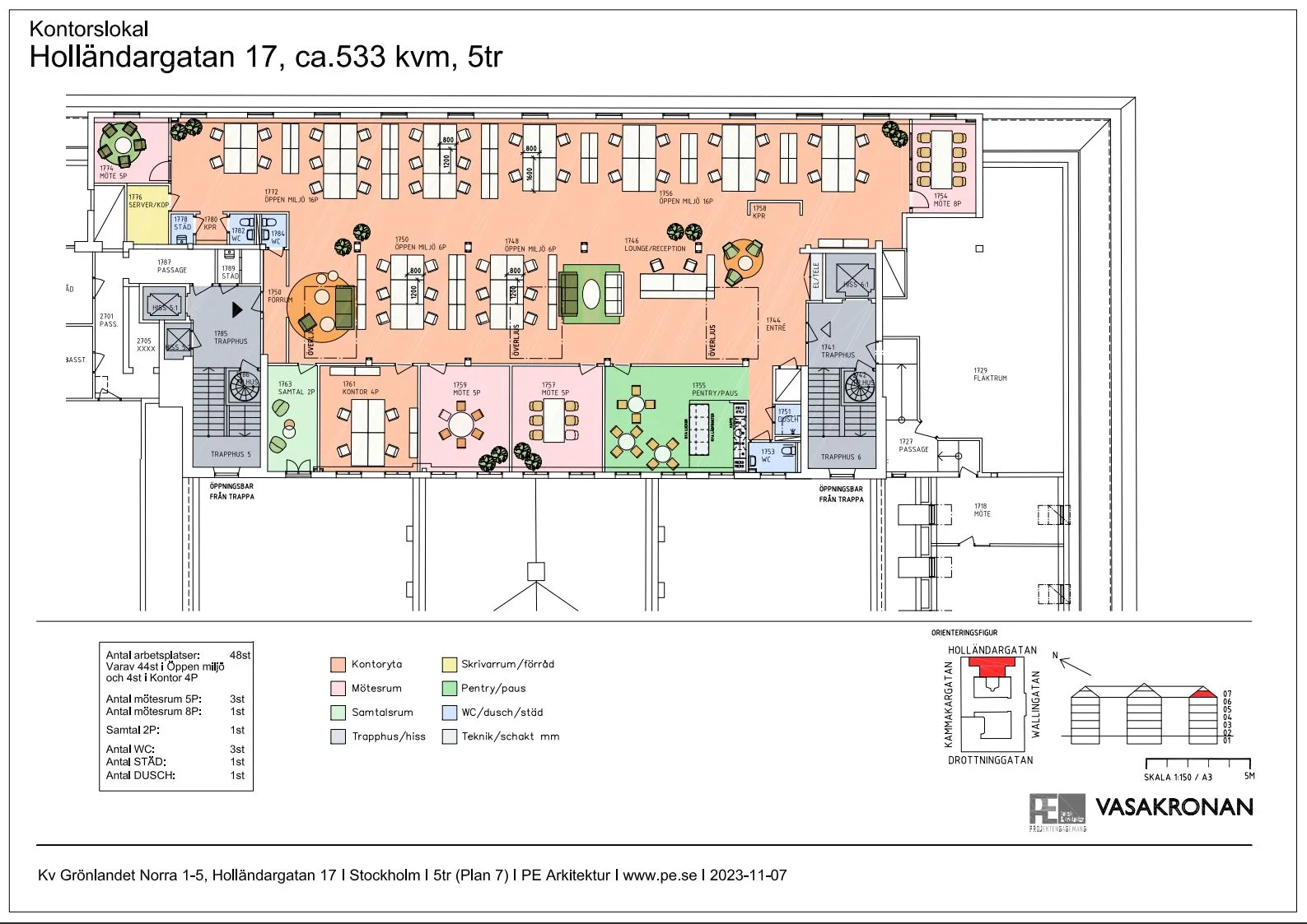 En ritning över en kontorsplan med färgkodade sektioner och specificerad yta på 533 kvadratmeter.