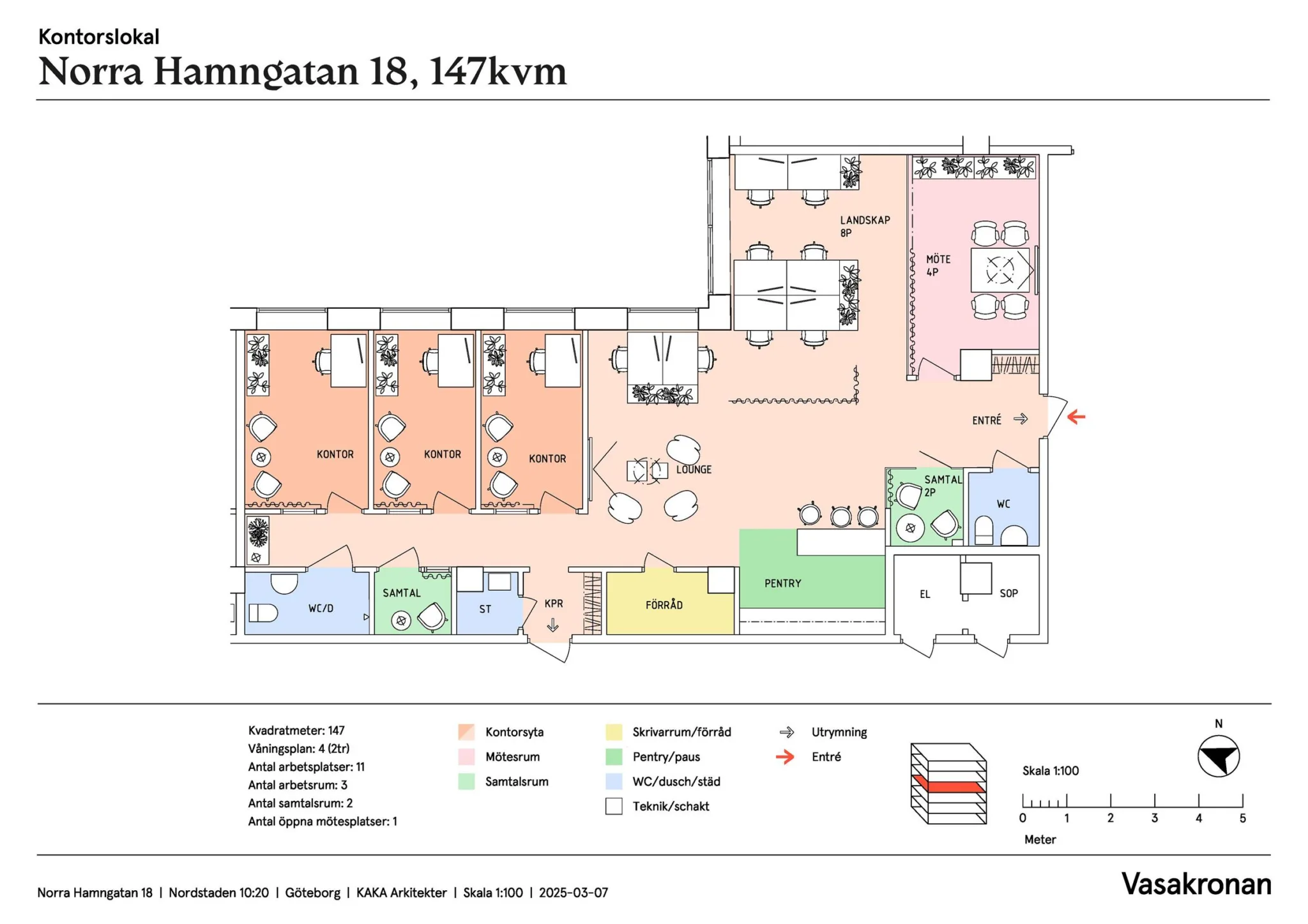 1. En färgkodad planritning över fastigheten på Torsgatan 18, 147 kvm, med markerade rum för olika ändamål samt en förklaringsruta med symboler.