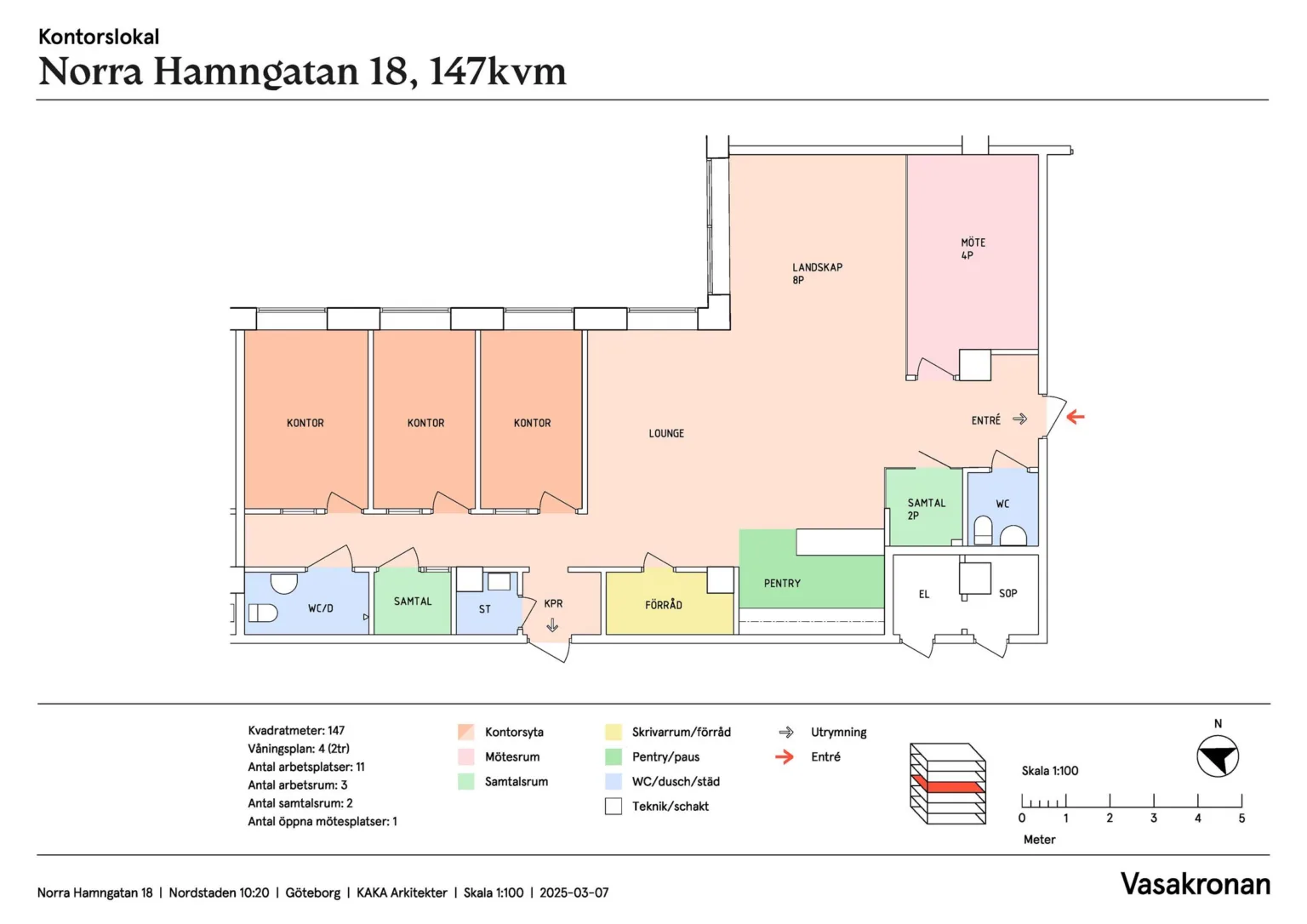 5. En planritning av lokalen på 147 kvm med olika färgmarkerade rum och texten "Hamngatan 18, 147 kvm".