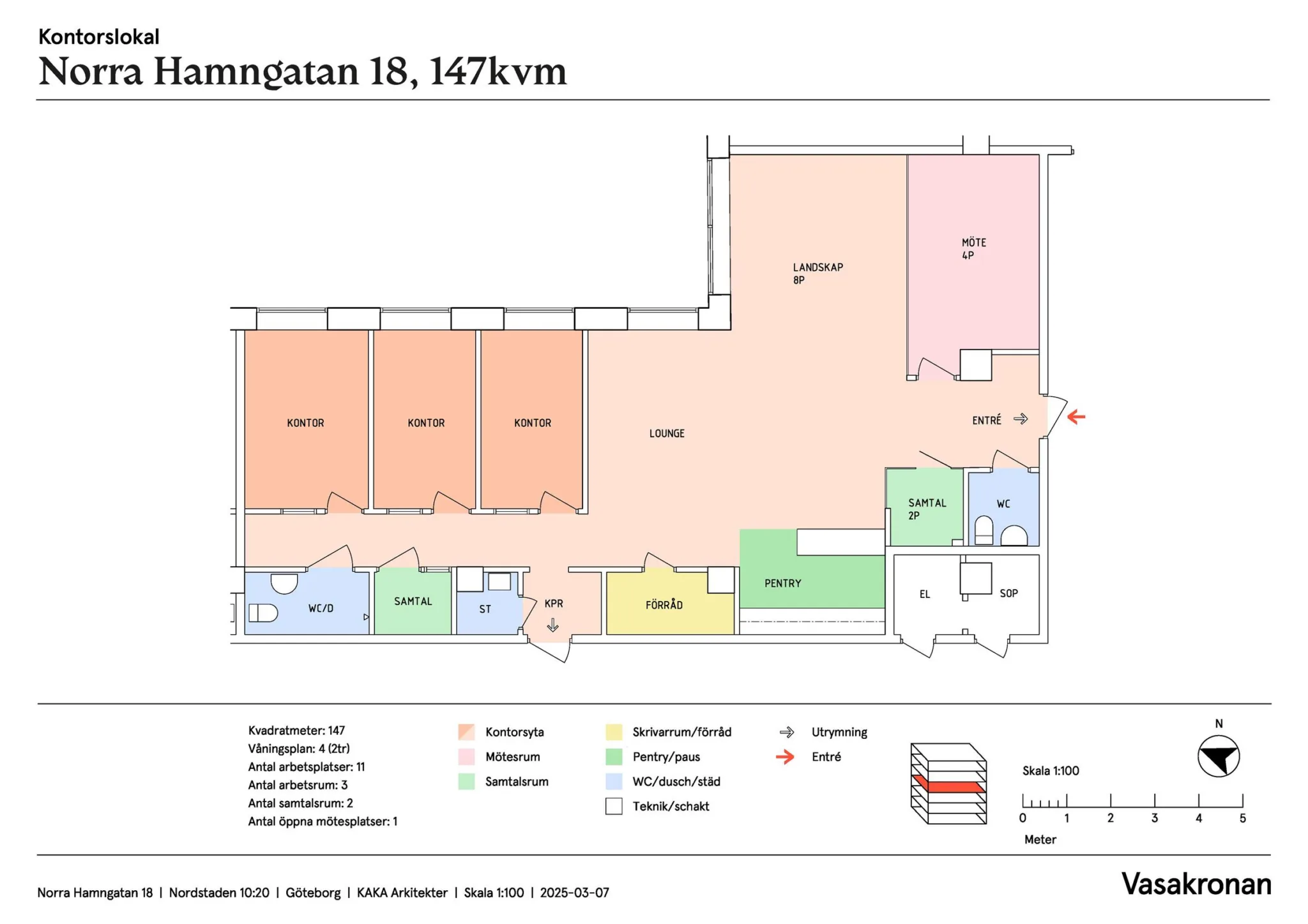 5. En planritning av lokalen på 147 kvm med olika färgmarkerade rum och texten "Hamngatan 18, 147 kvm".