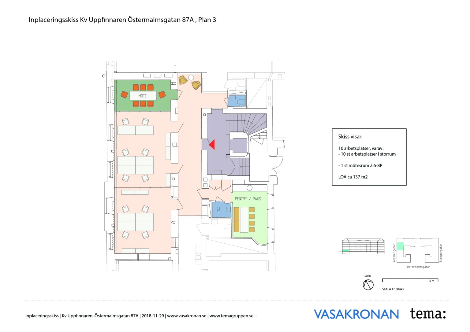 En färgad planritning över en kontorslokal med olika områden markerade, inklusive texten "VASAKRONAN" i nedre högra hörnet.