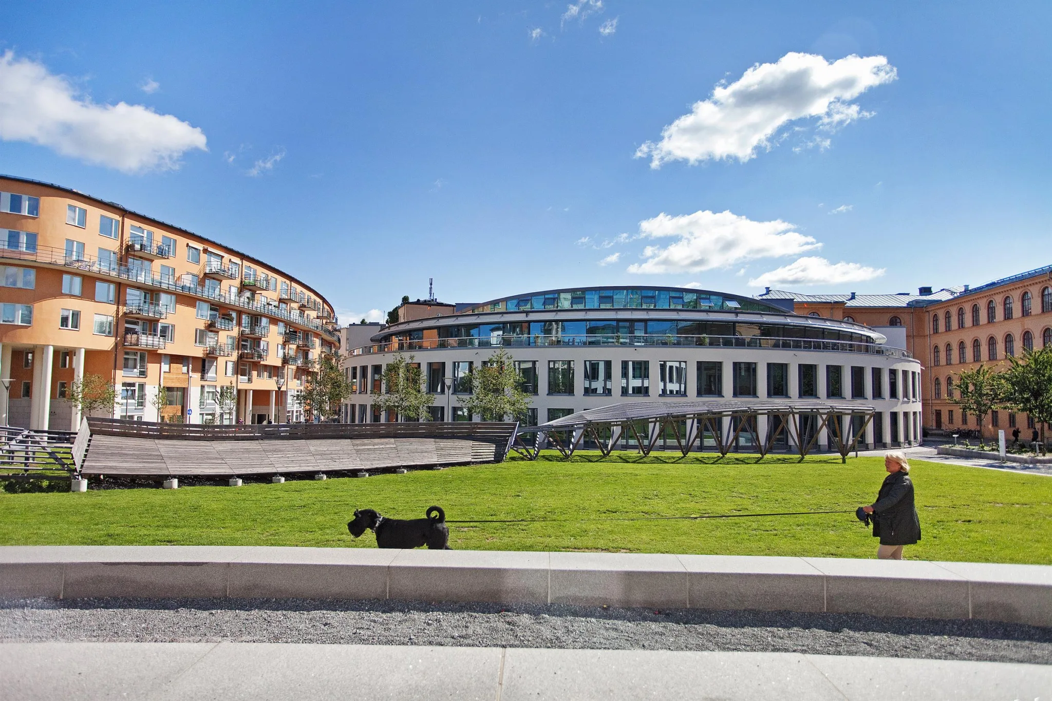 En park med gröna gräsmattor och en modern byggnad med glasfasad och böjd arkitektur. En hund ligger på gräset i förgrunden.
