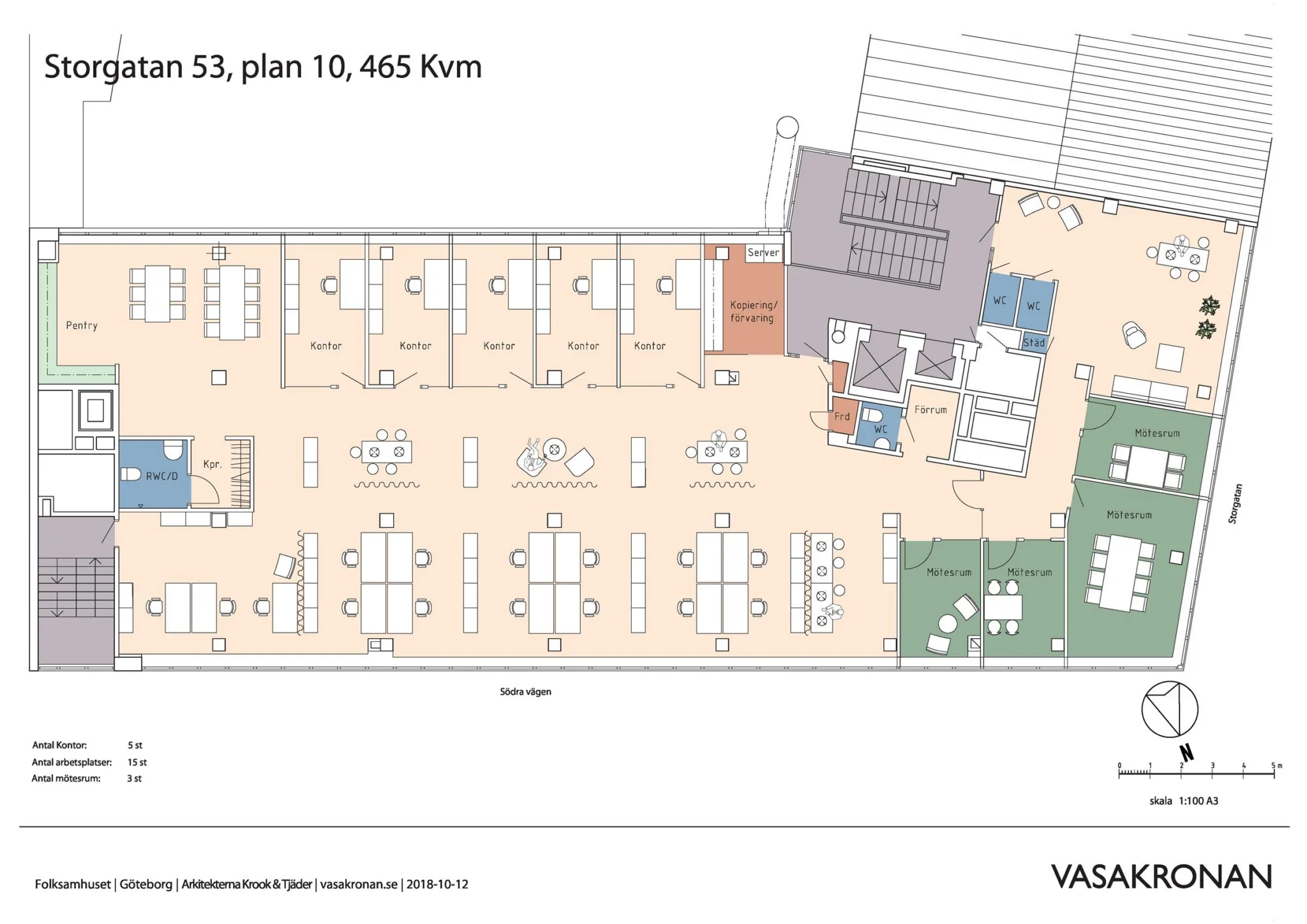 5. En planritning över en våning med kontorsrum, mötesrum och gemensamma utrymmen, markerad som 465 kvadratmeter.