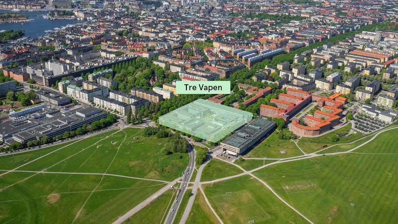 3. Flygbild över området Tre Vapen, markerat med grön färg och texten "Tre Vapen".