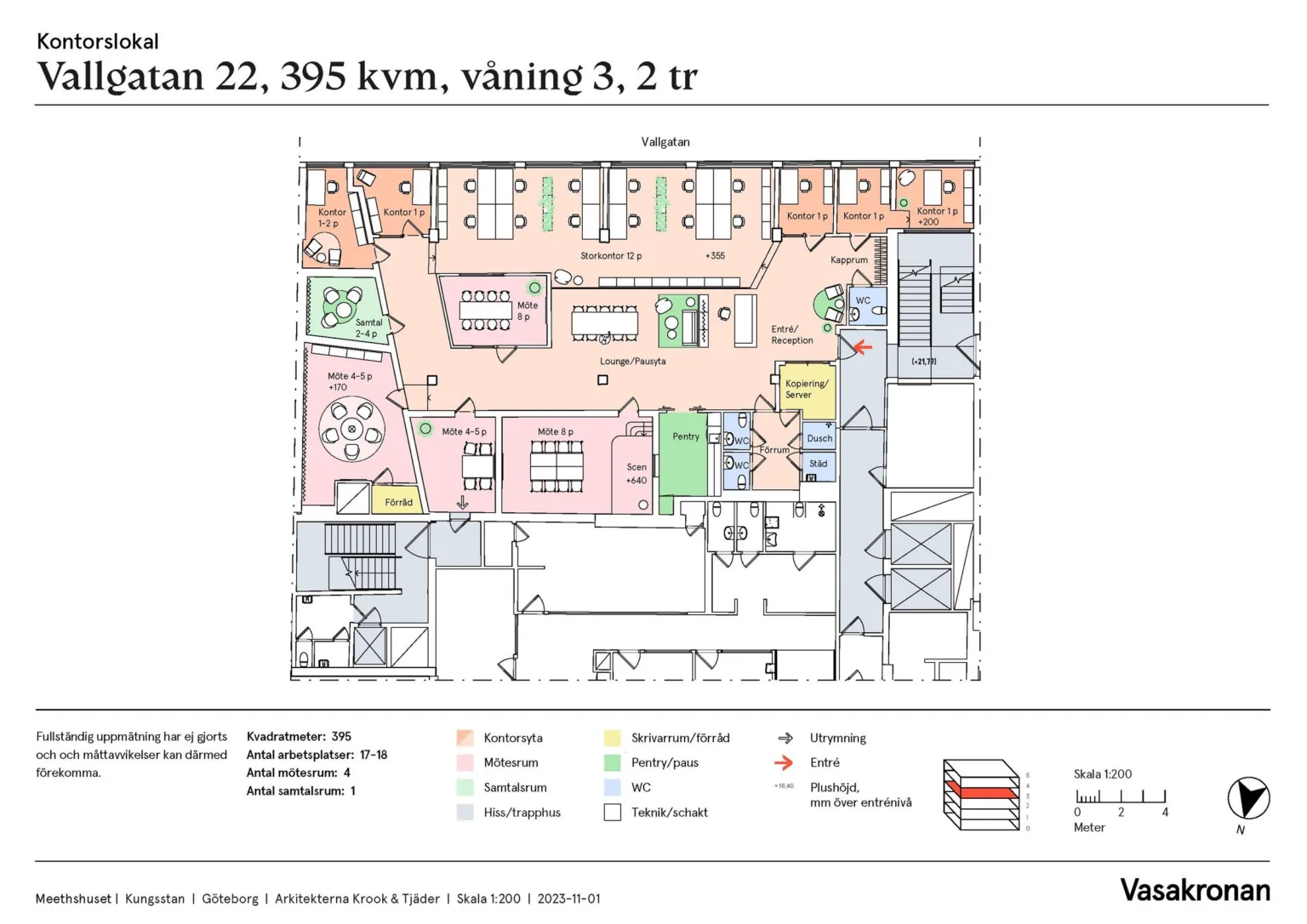 5. En färgkodad planritning över fastigheten på Torsgatan 22, 395 kvm, våning 3, 2 tr, med markerade utrymmen och en förklaringsruta med symboler.