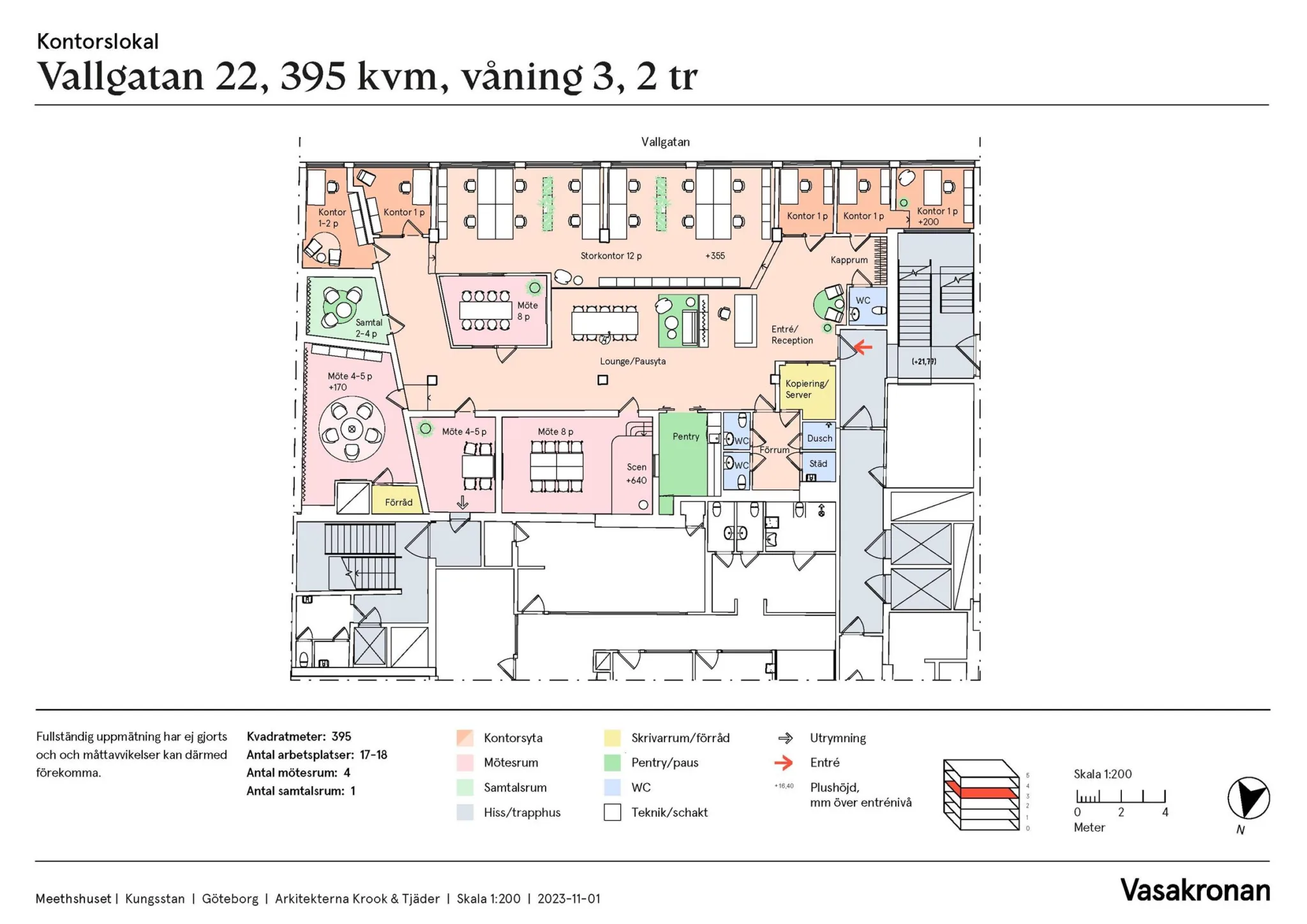 5. En färgkodad planritning över fastigheten på Torsgatan 22, 395 kvm, våning 3, 2 tr, med markerade utrymmen och en förklaringsruta med symboler.