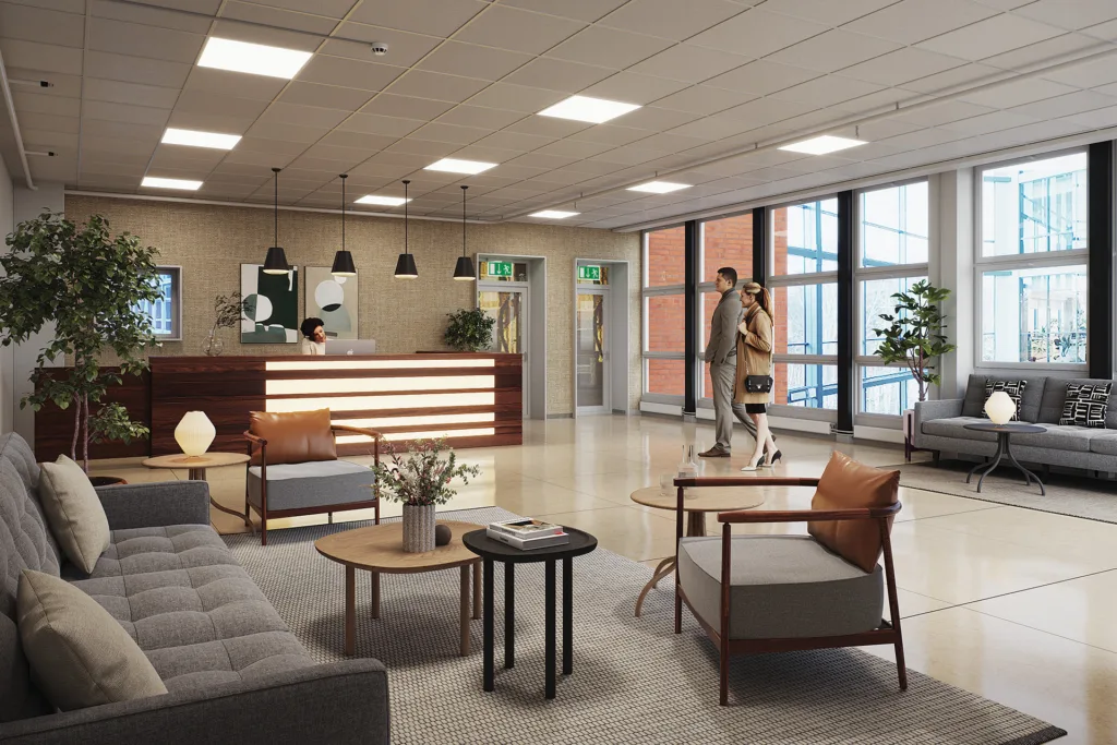 Reception med modern inredning, soffor och fåtöljer, samt människor som står och pratar.