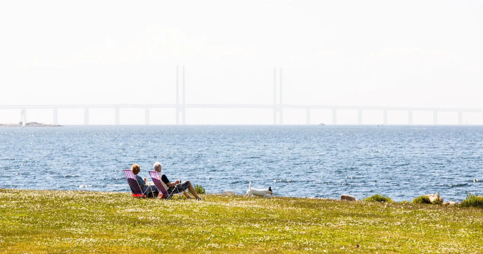 2. Två personer sitter i stolar på en gräsmatta nära havet med en bro synlig i bakgrunden.