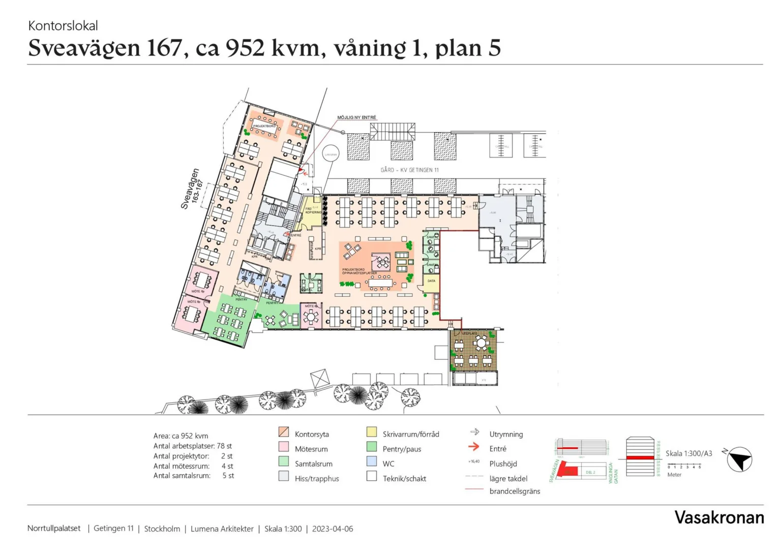 Planritning över våning 1, plan 5, med olika områden markerade i färger och en förklarande legend längst ner.