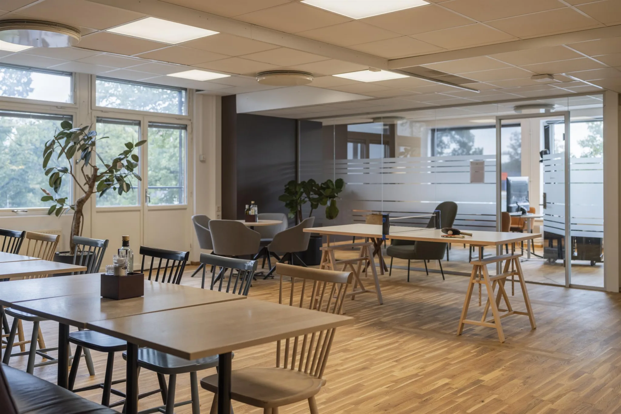 Ett modernt kontorsrum med träbord, stolar, soffor och stora fönster.
