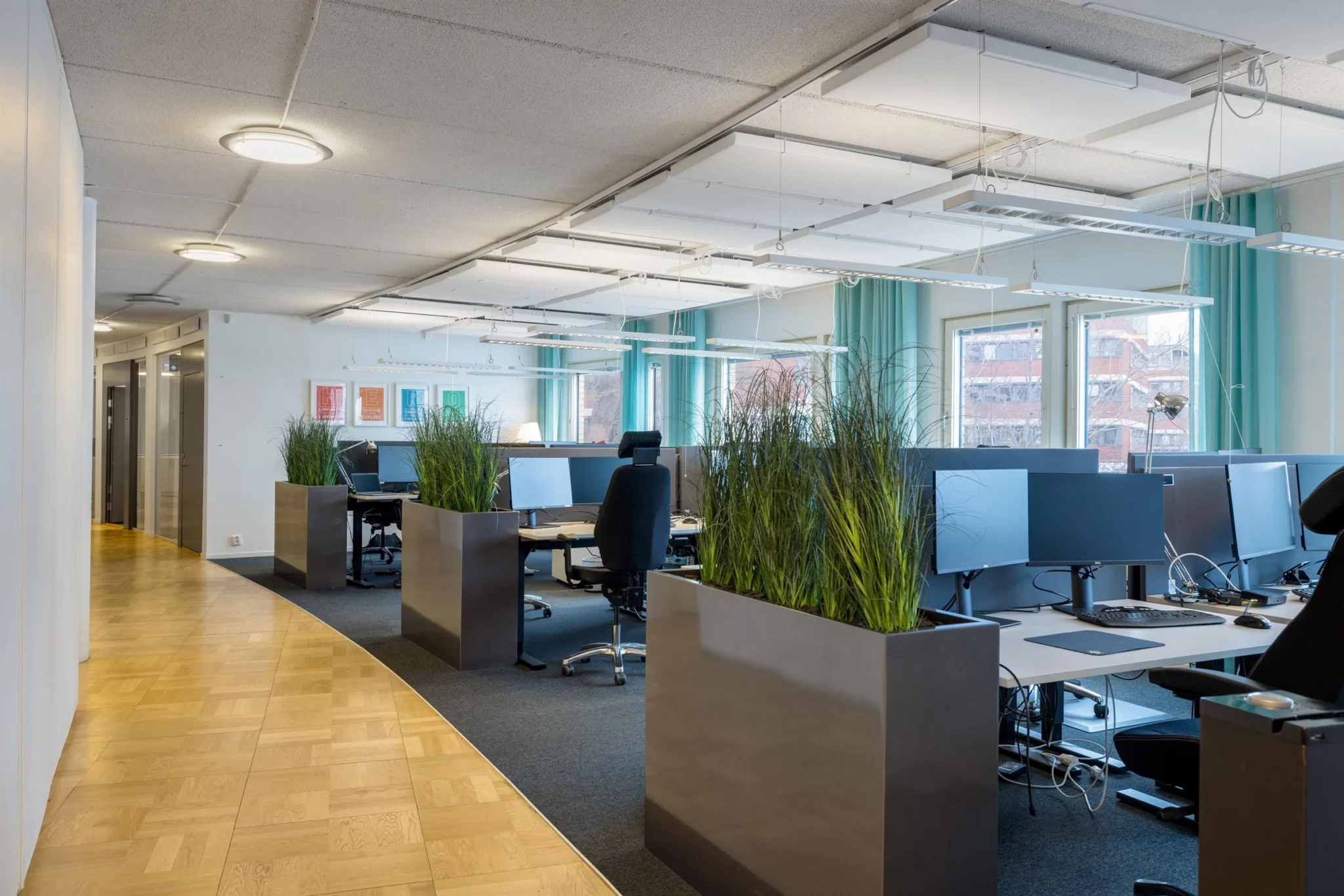 3. Ett kontor med flera arbetsstationer separerade av gröna växter och stora fönster.