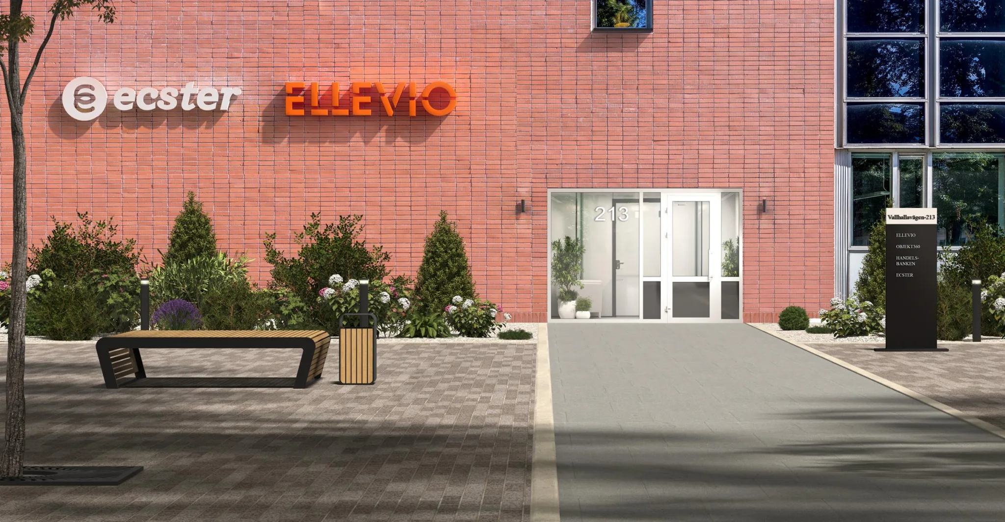 En byggnad med rosa fasad, ingång och texten "Ellevio" i orange neon.