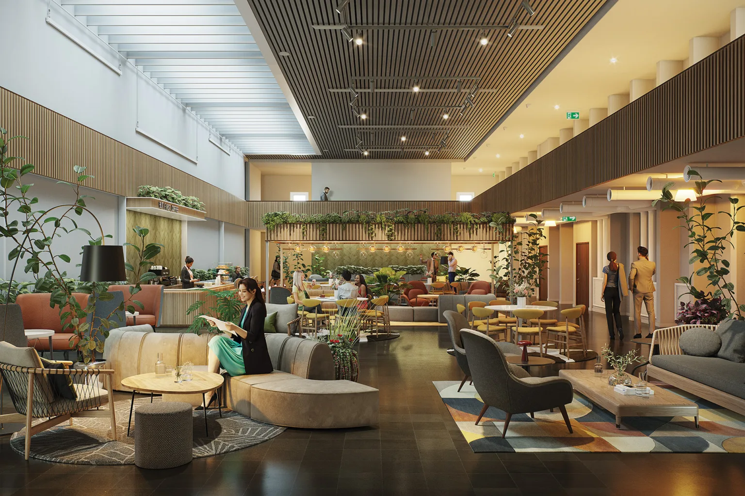En rymlig lounge med soffor, fåtöljer, växter och personer som sitter och samtalar.