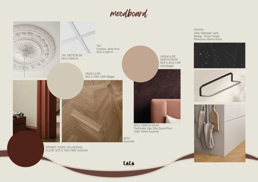 En moodboard med olika färgprover, texturer och inspirationsbilder i jordnära toner.