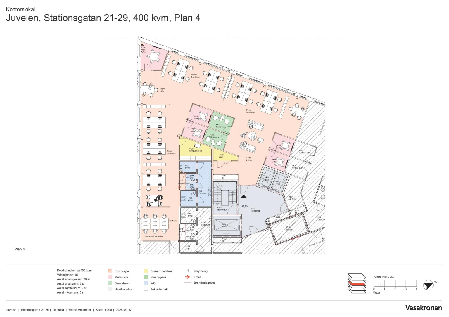 En ritning över plan 6 av en byggnad med färgkodade områden som visar olika rum och funktioner.