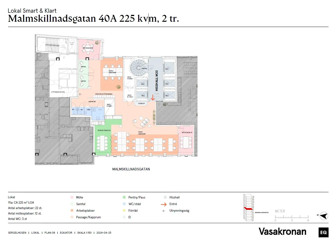 Planlösning av en lägenhet på 225 kvadratmeter på våning 2, med markerade rum i olika färger, inklusive kök, badrum och sovrum, samt en översikt över lägenhetens layout. Texten "Vasakronan" visas längst ner till höger.