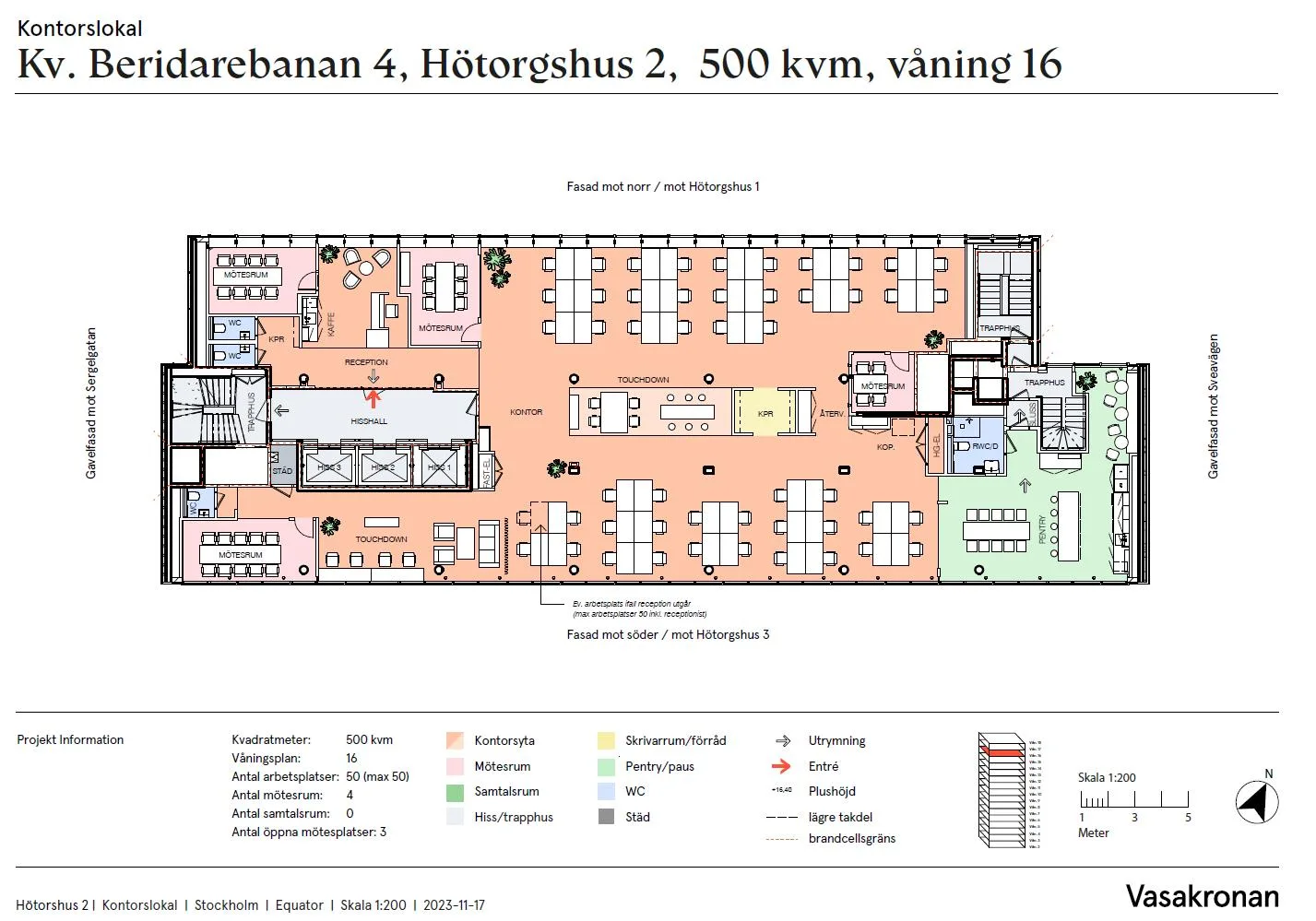 En planritning för ett kontor på 500 kvm, våning 16, med markerade arbetsytor och rum.