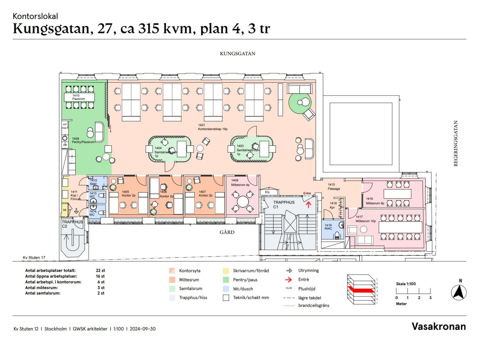 En planritning som visar kontorslayout på plan 4, med färgkodade områden och text som beskriver rummen.