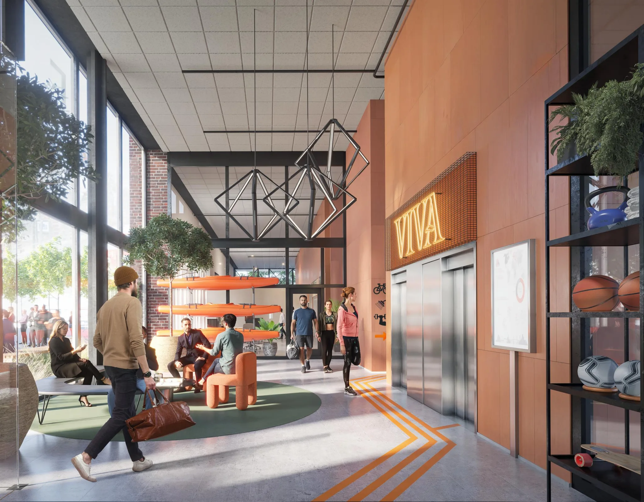 5. Ett rymligt lobbyområde med människor, moderna möbler och en skylt som visar "Våning".