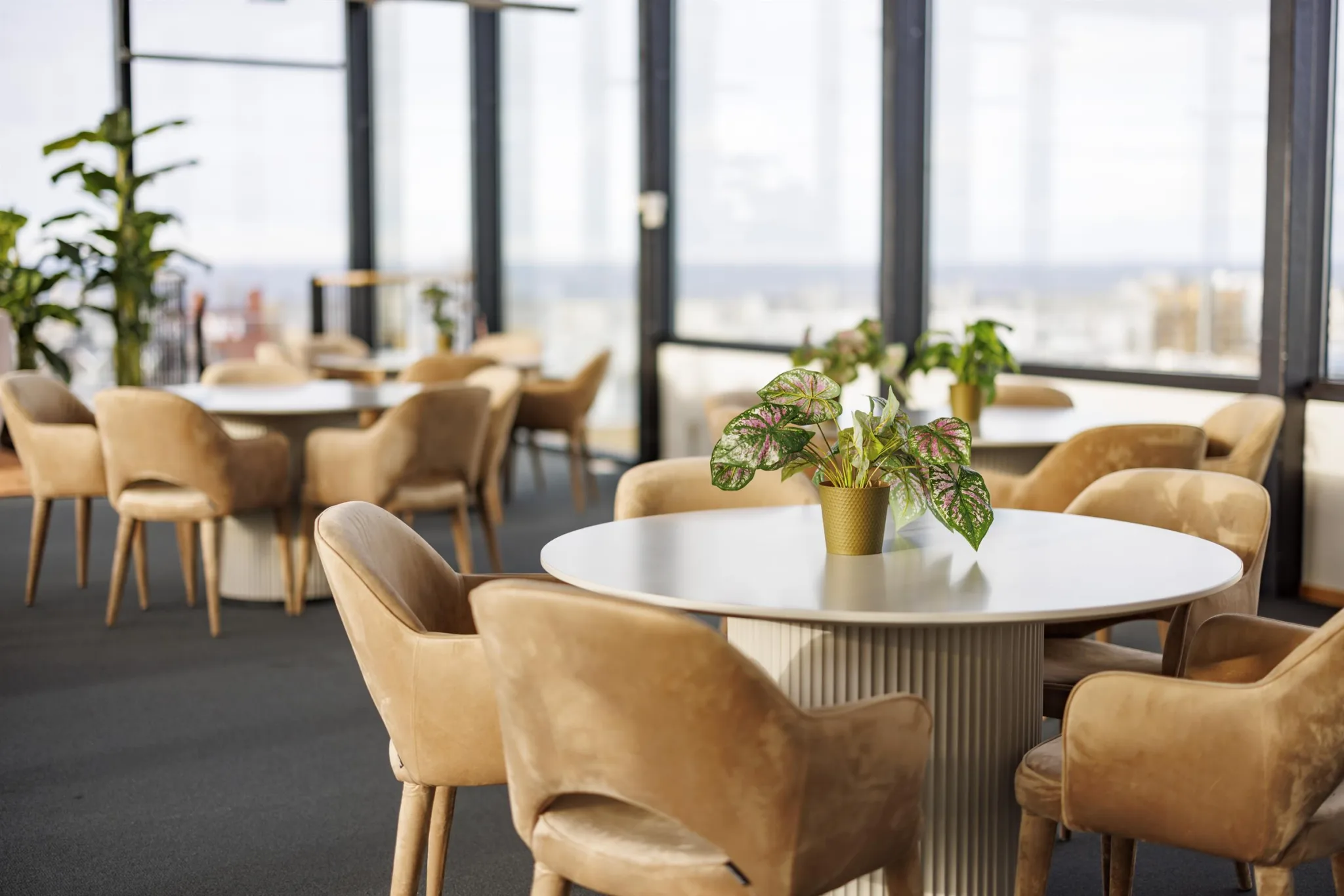 3. Restaurangmiljö med runda bord, beige stolar och blommor i vaser framför stora fönster.