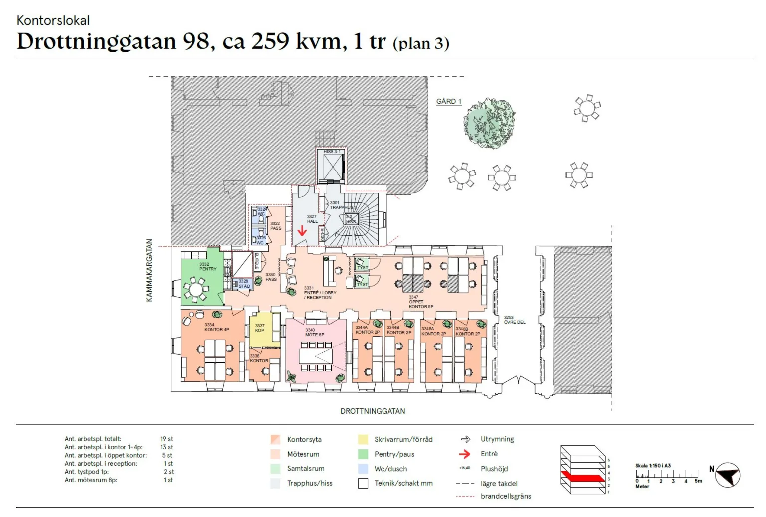 En ritning över en fastighet på adressen "Gatan 98, ca 259 kvm, 1 tr (plan 3)" med markerade rum och färgkodad information.