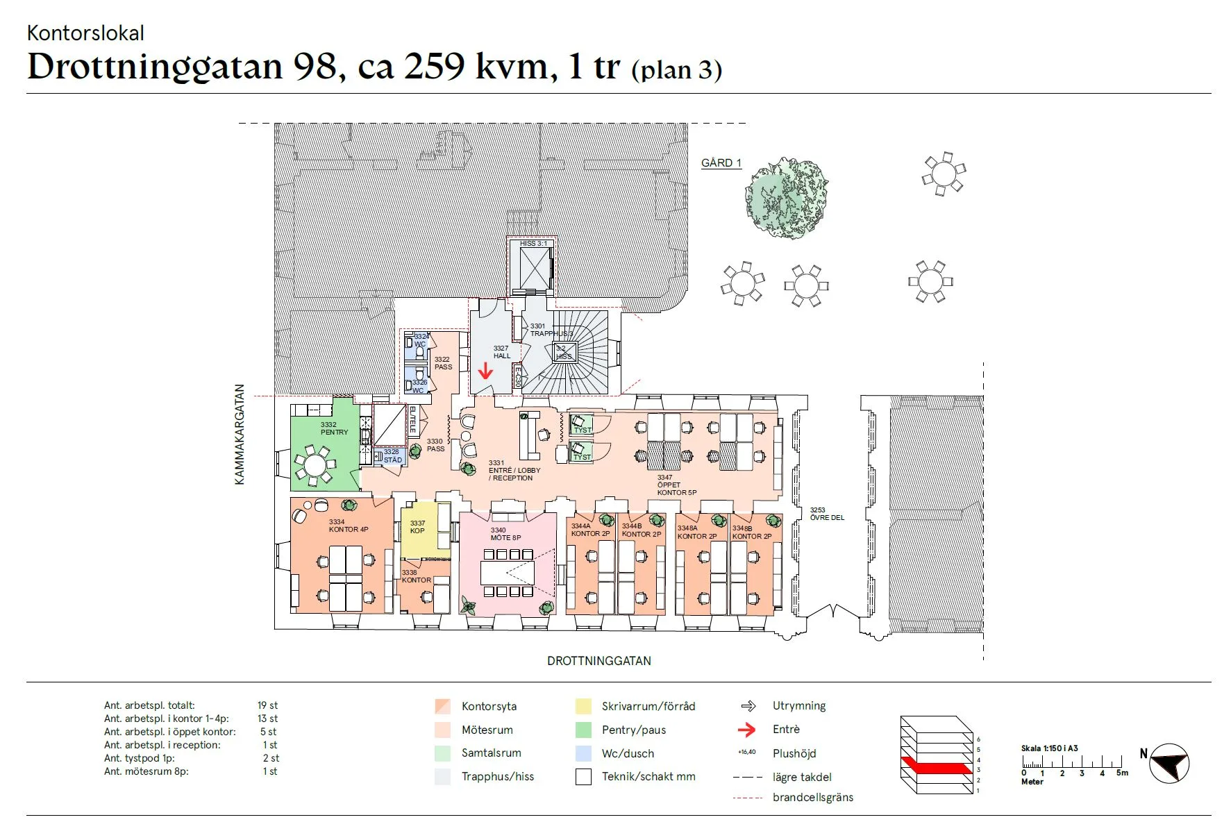 En ritning över en fastighet på adressen "Gatan 98, ca 259 kvm, 1 tr (plan 3)" med markerade rum och färgkodad information.