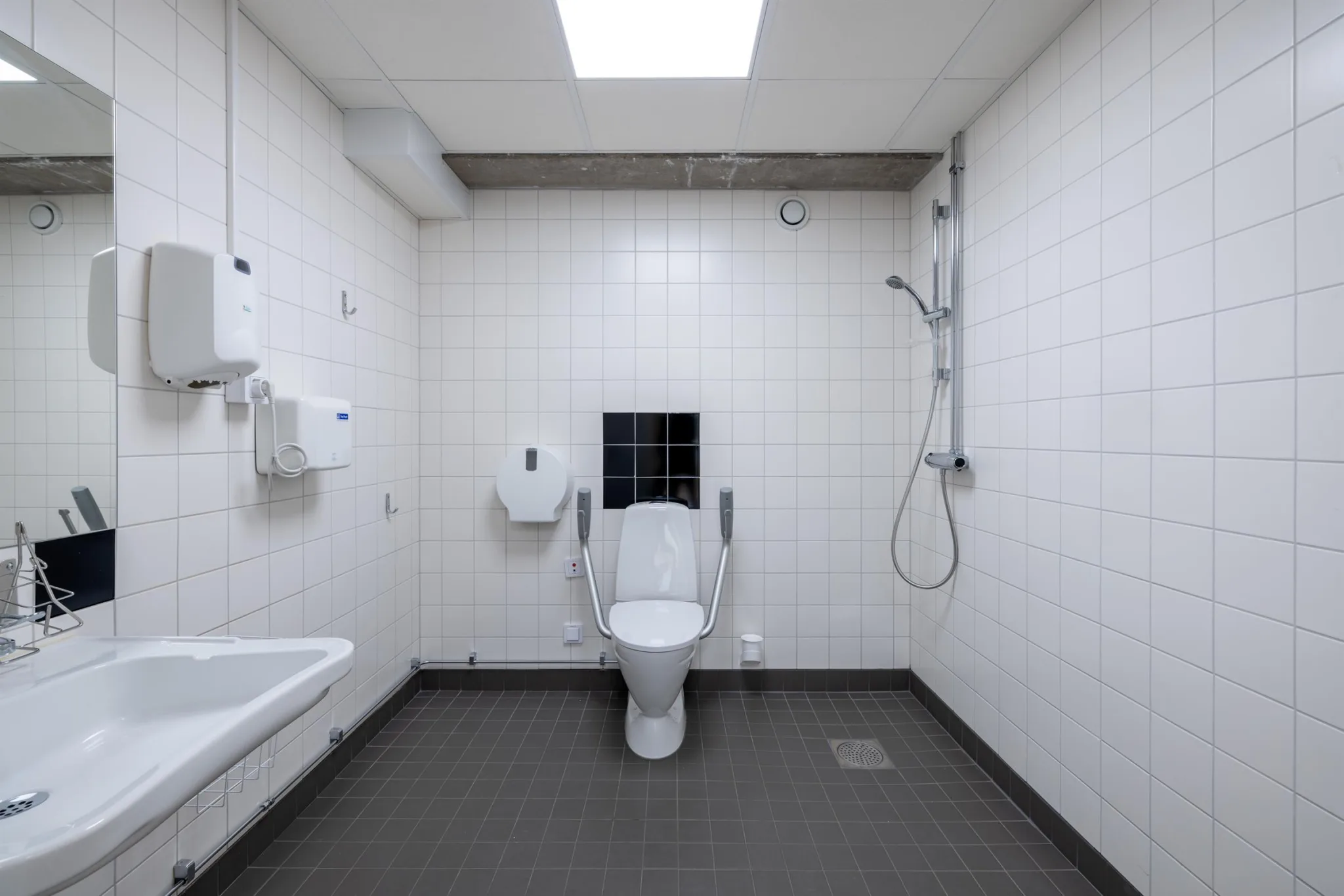 1. Ett handikappanpassat badrum med toalett, dusch och vita väggar.