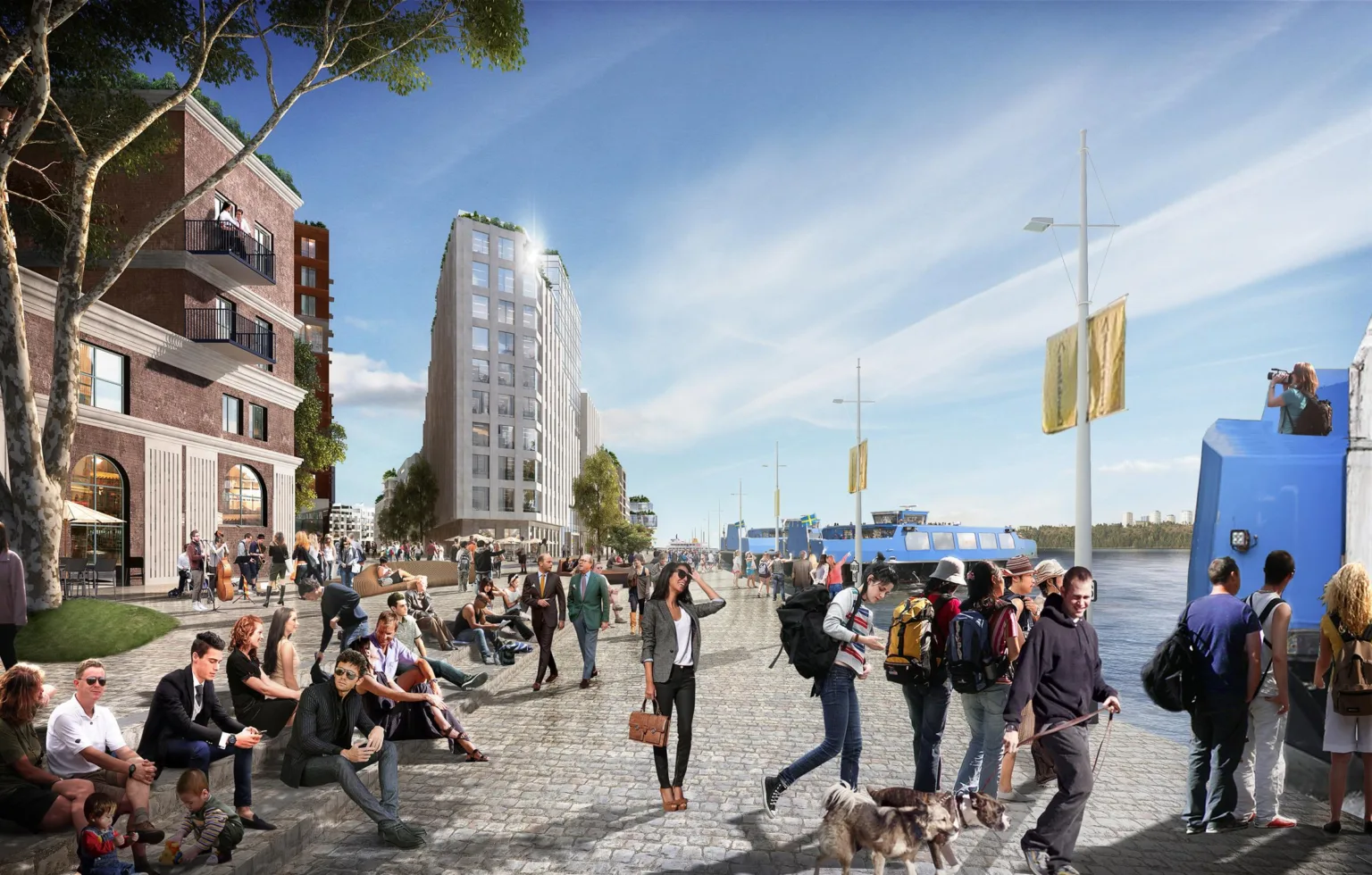 5. En livlig promenad vid vattnet med människor som går, sitter och umgås, omgiven av moderna byggnader och flaggstänger.