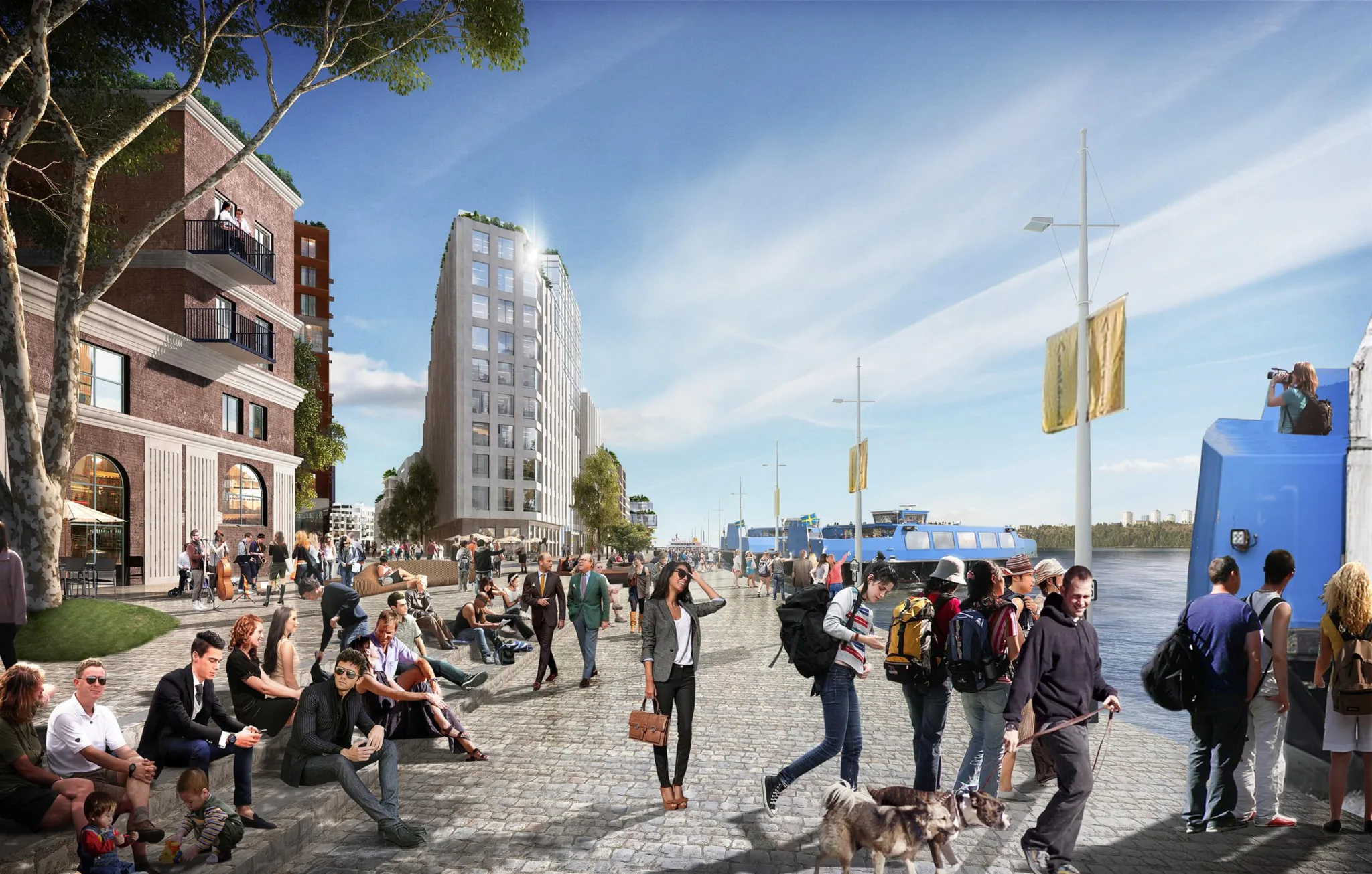 5. En livlig promenad vid vattnet med människor som går, sitter och umgås, omgiven av moderna byggnader och flaggstänger.