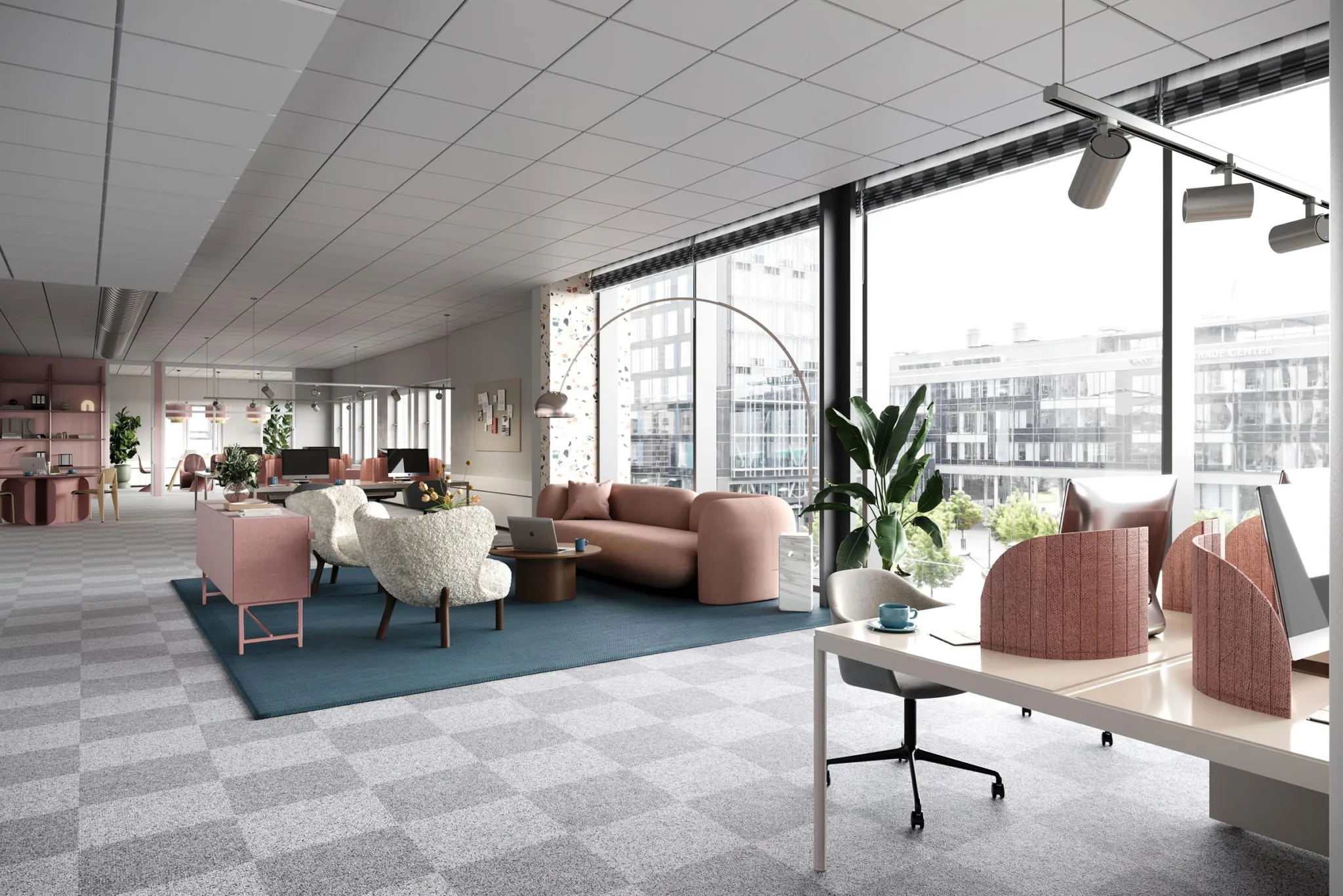 3. Loungeområde med bekväma soffor, fåtöljer, ett bord och stora fönster med utsikt över moderna byggnader.